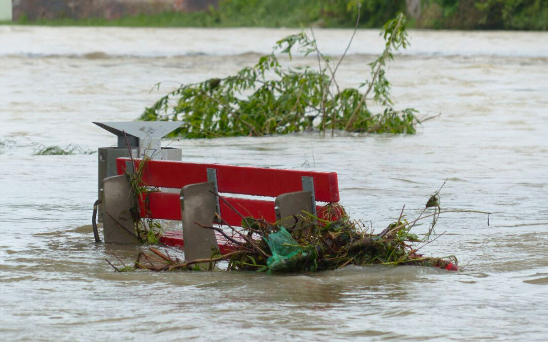 A bench partially submerged in floodwater.